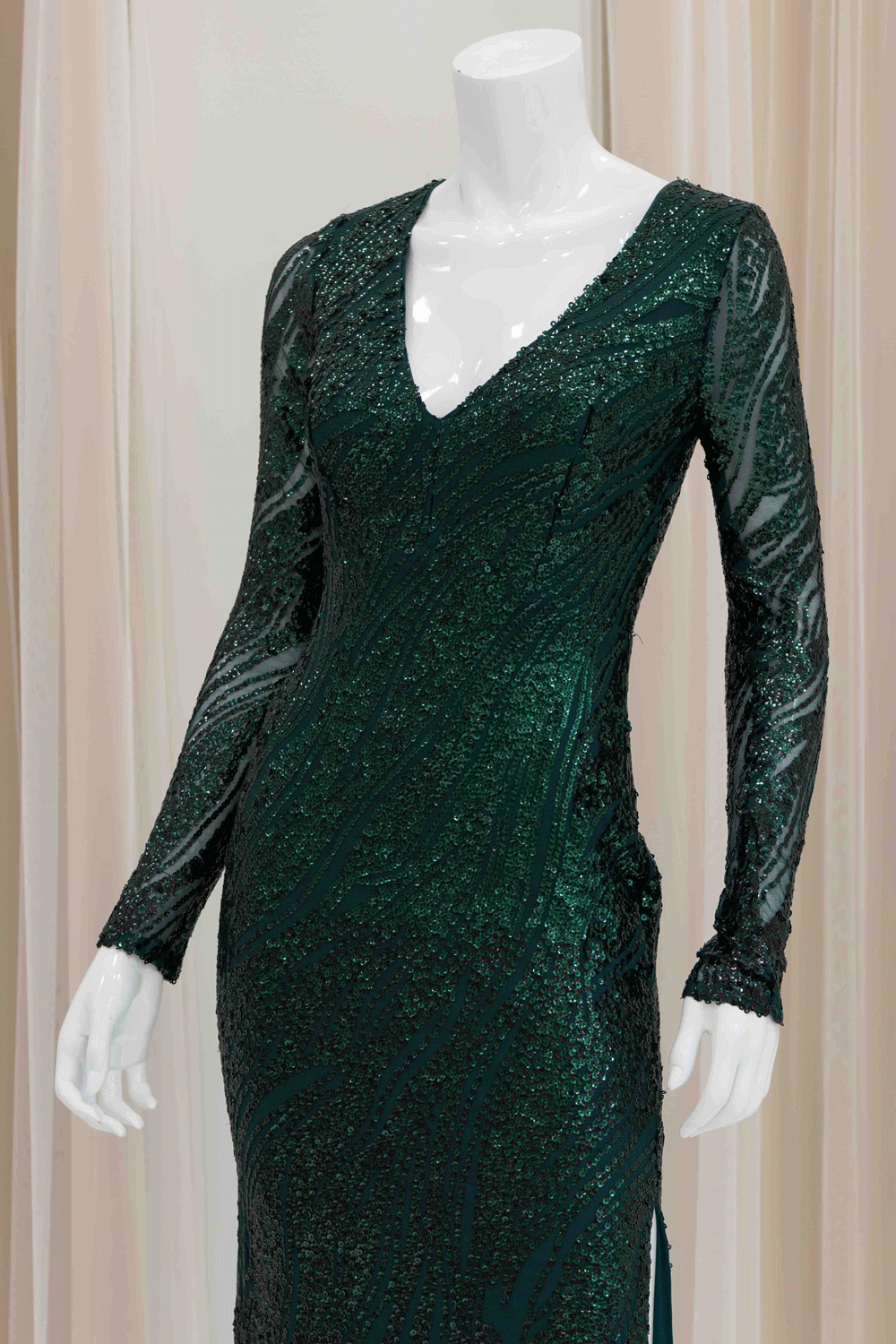 Long Sleeve Sequin Evening Gown for Wedding Guest