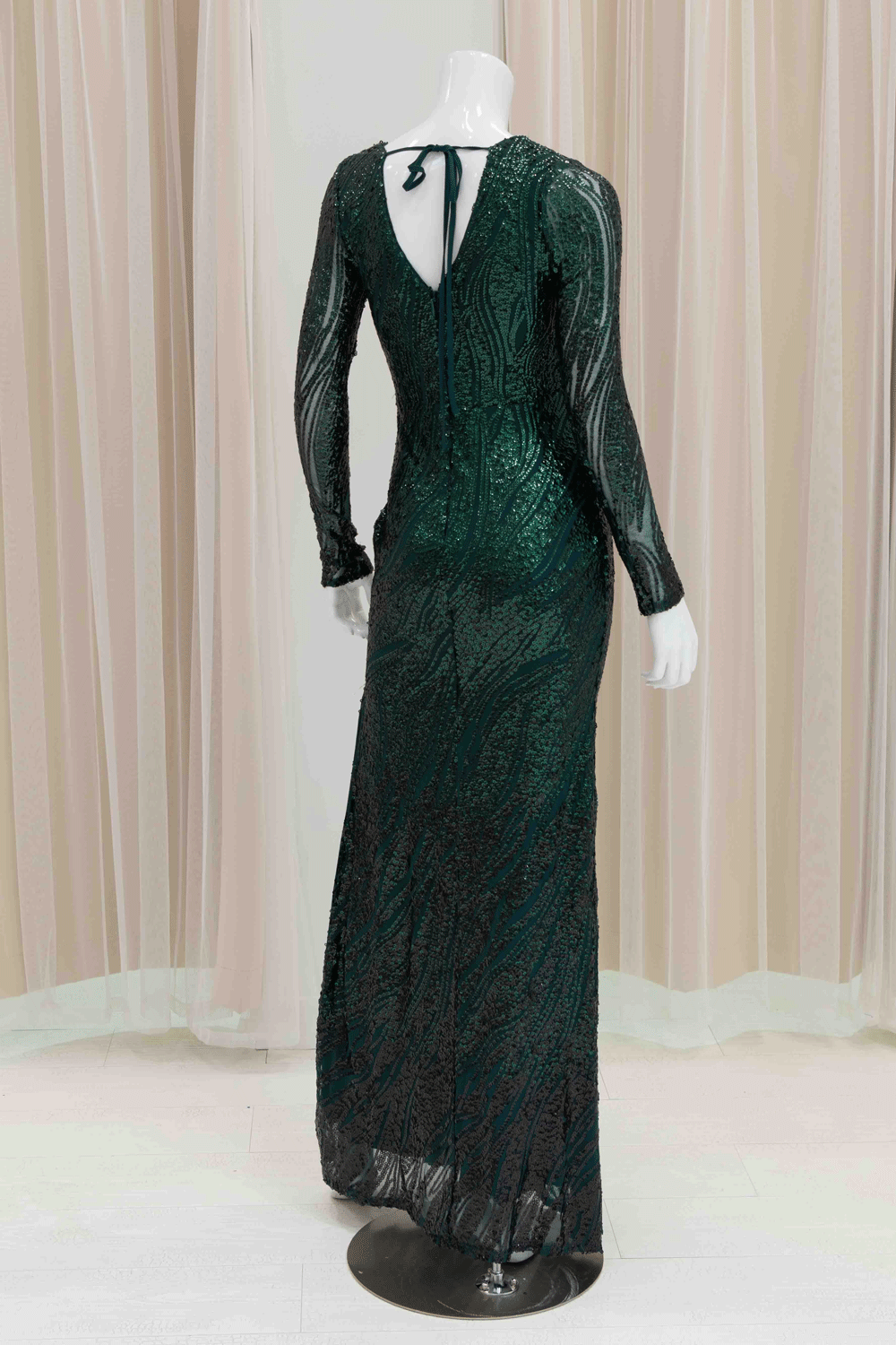 Long Sleeve Sequin Green Evening Gown