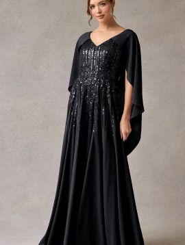 Maeve Marie Cape Sleeve Chiffon Evening Dress in Black