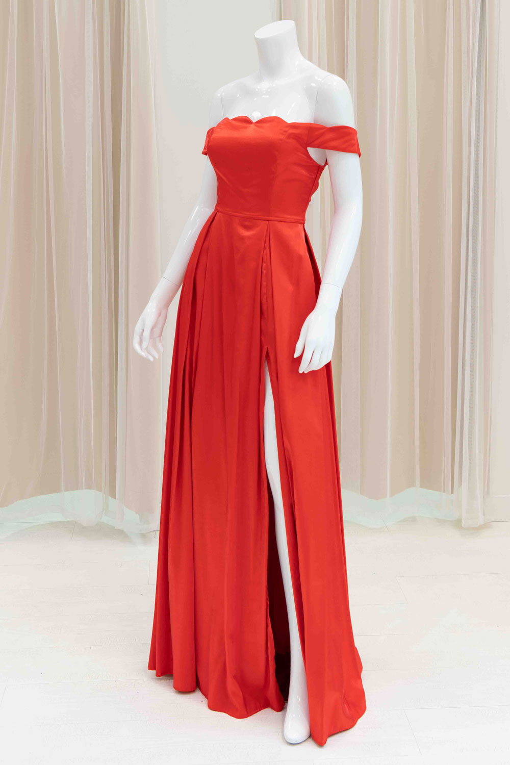 Red Off Shoulder A-Line Evening Gown with Slit