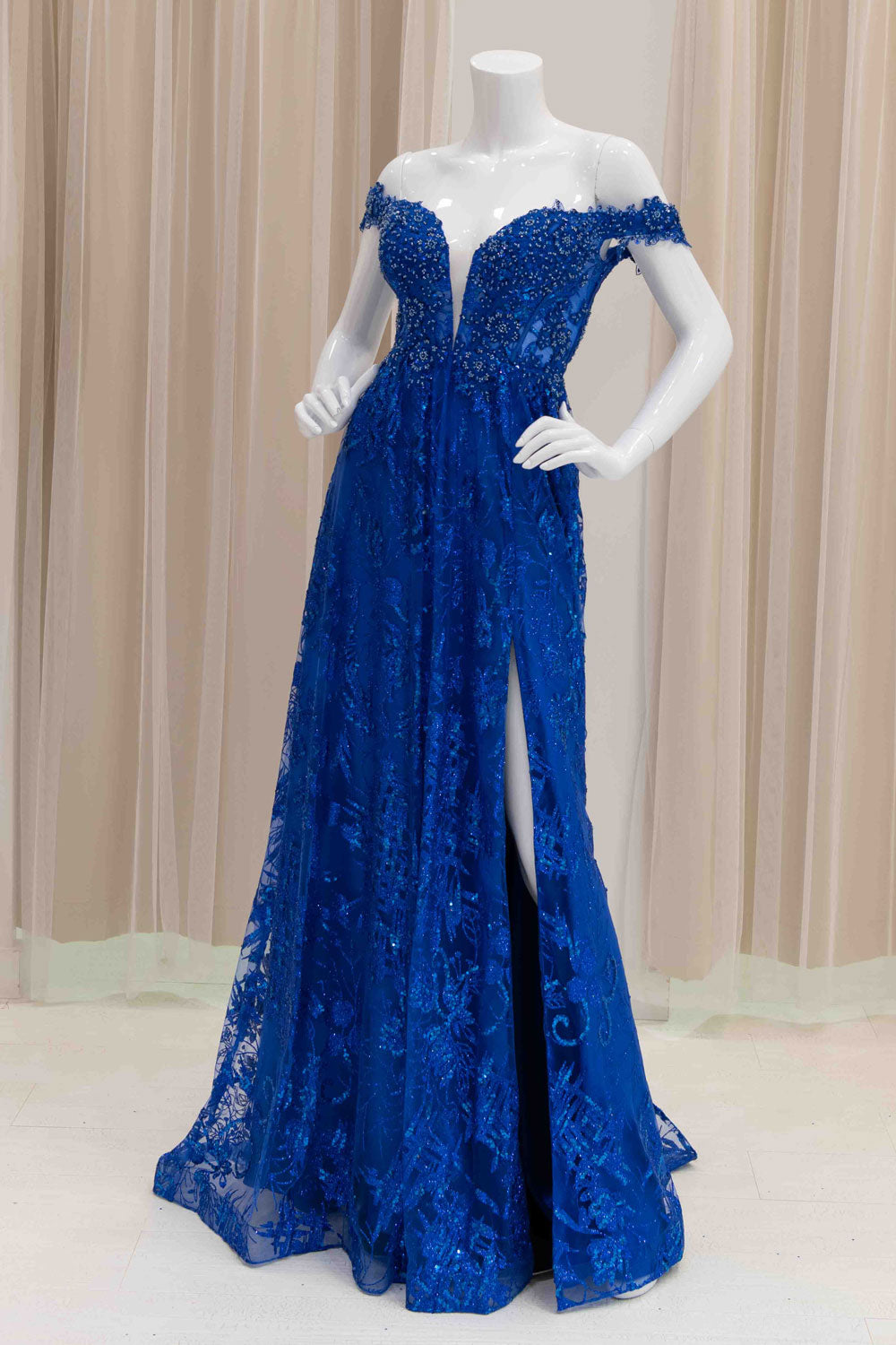 Off-Shoulder Glitter A-Line Dress in Royal Blue