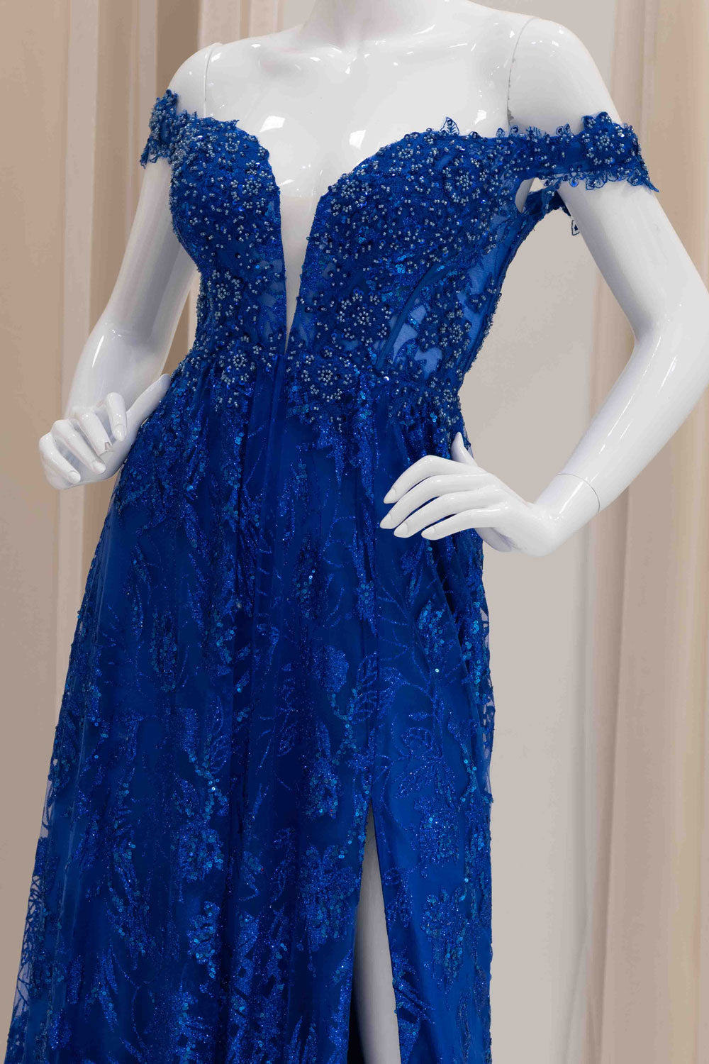 Off-Shoulder Glitter Formal Gown in Royal Blue