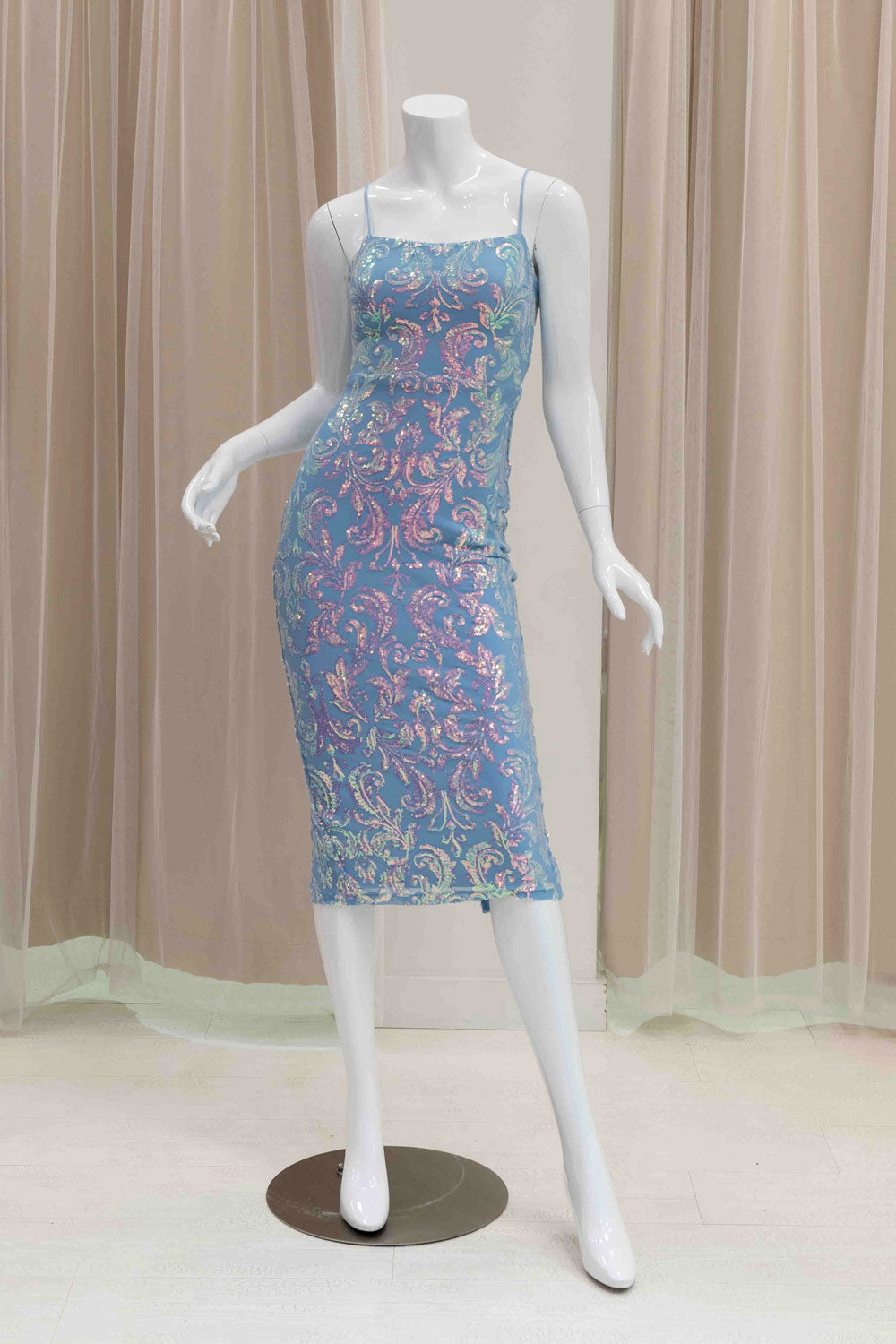 Sequin Midi pencil Wedding Guest Dress in Light Blue