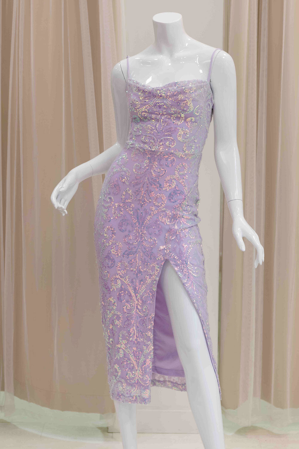Sequin Midi Dress for a Wedding Guest in Lavender