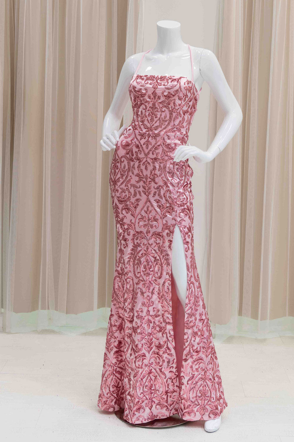 Elegant Sequin Pink Evening Gown