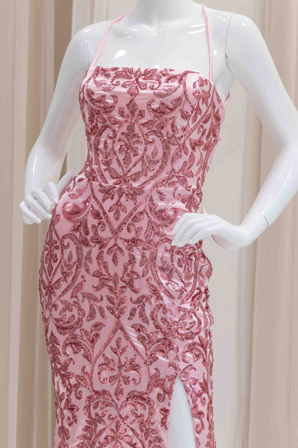 Pink Sequin Wedding Guest Evening Gown