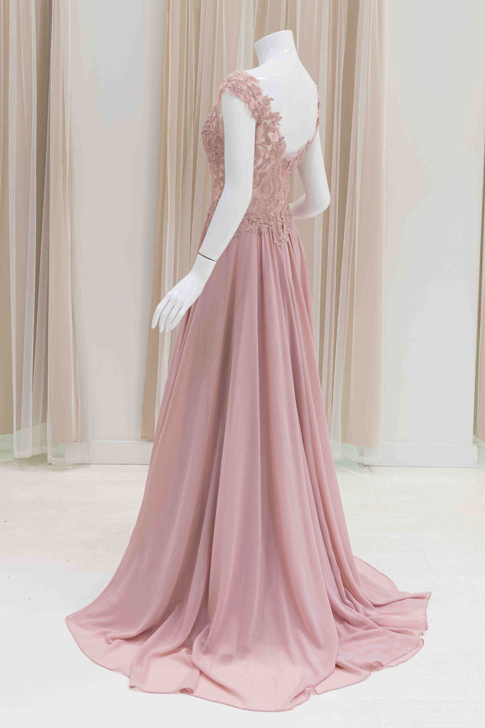 Beaded Bodice Chiffon Skirt Evening Gown in Blush
