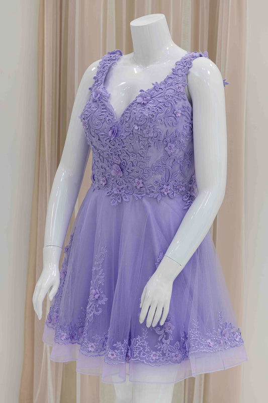 Lavender Floral Applique Short Fit and Flare Dress 