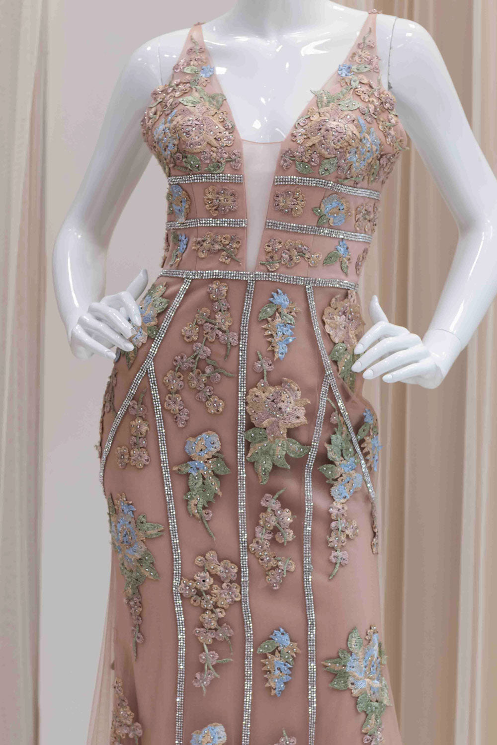 Floral Applique and Rhinestone Form Fitting Evening Gown in Mauve
