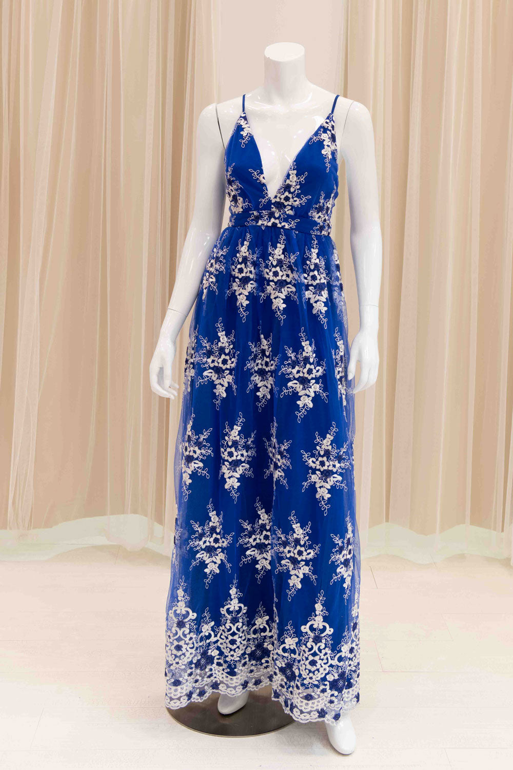 Royal Blue Mesh Sun Dress with White Floral Embroidery