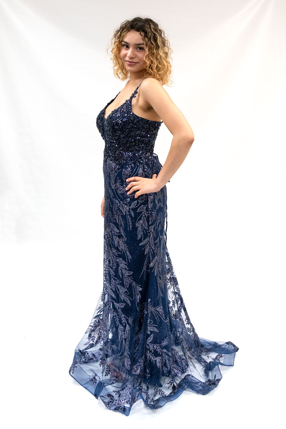 Navy Blue and Silver Glitter Mermaid Prom Gown