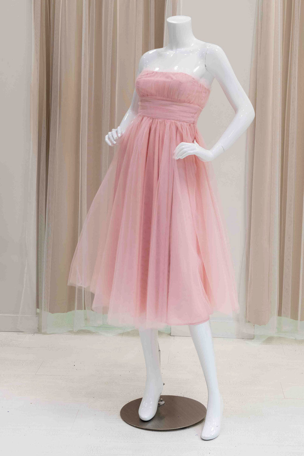 Strapless Tulle Midi Dress in Pink