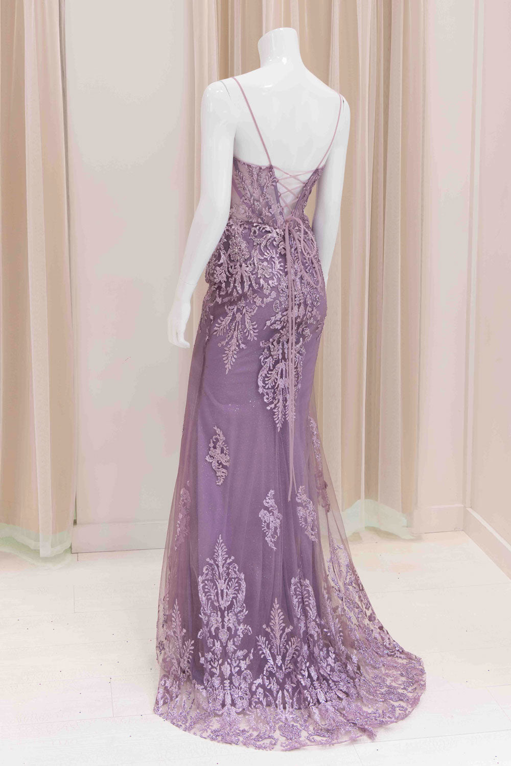 Darleena Lace Up Back Evening Gown in Lavender