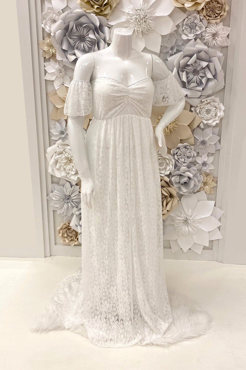 Marissa Lace Off Shoulder Evening Gown in White Karina Boutique