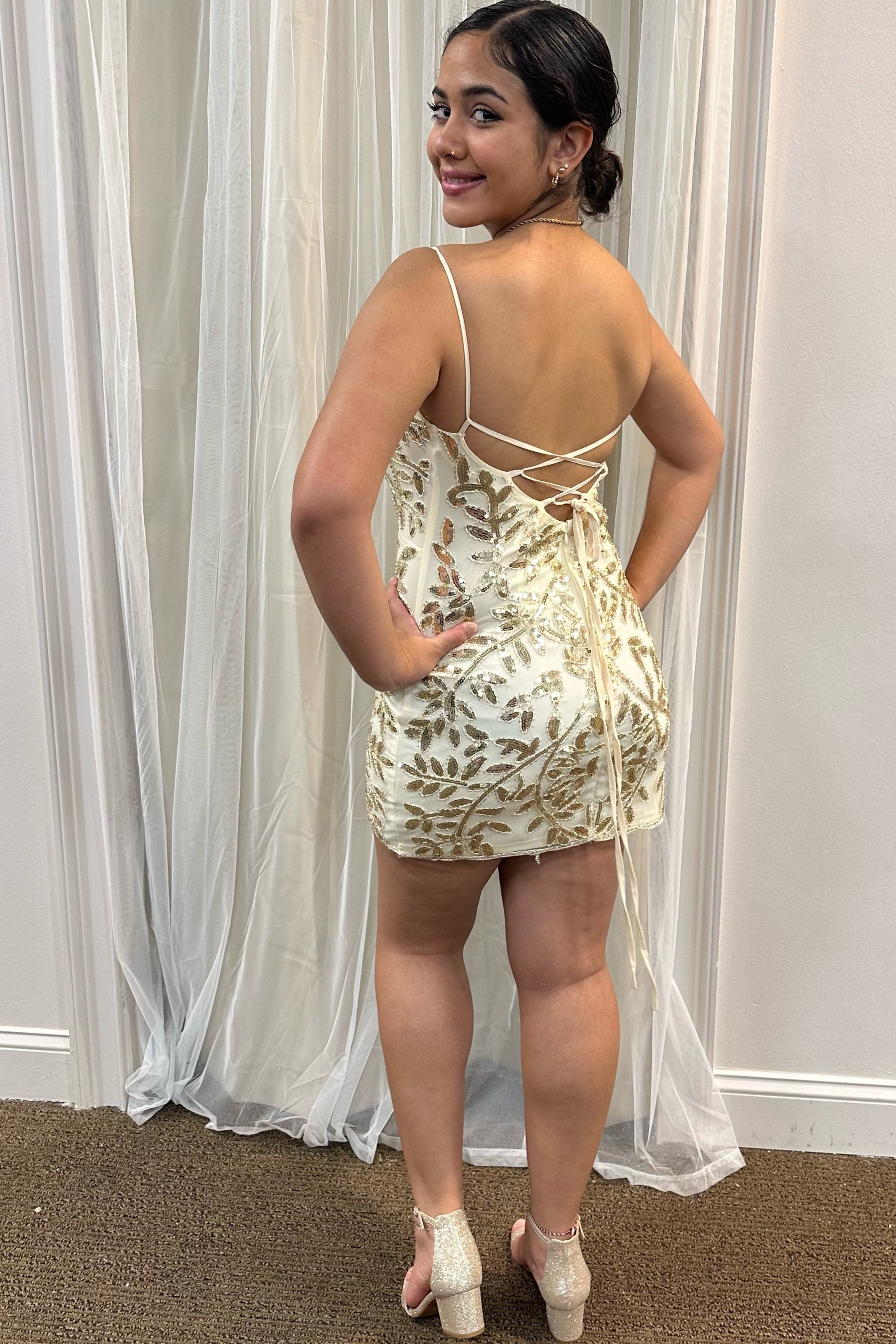 Gold sequins tie back mini dress
