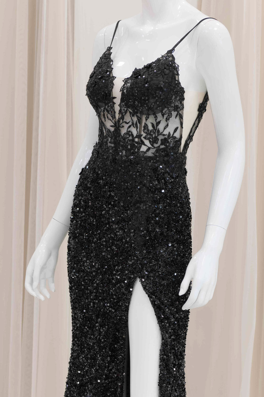 Applique Bodice Sequin Prom Dress in Black