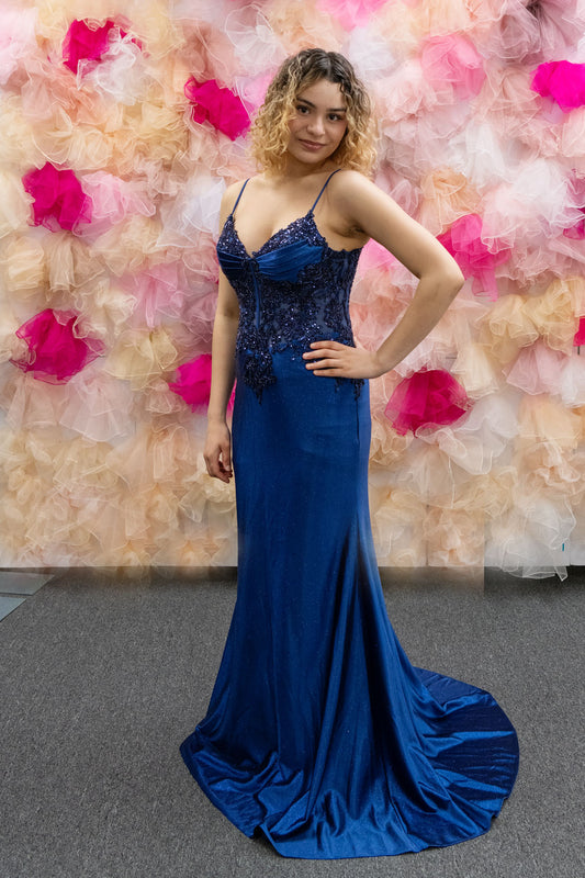 Beaded Bodice  Prom Gown in Navy Blue