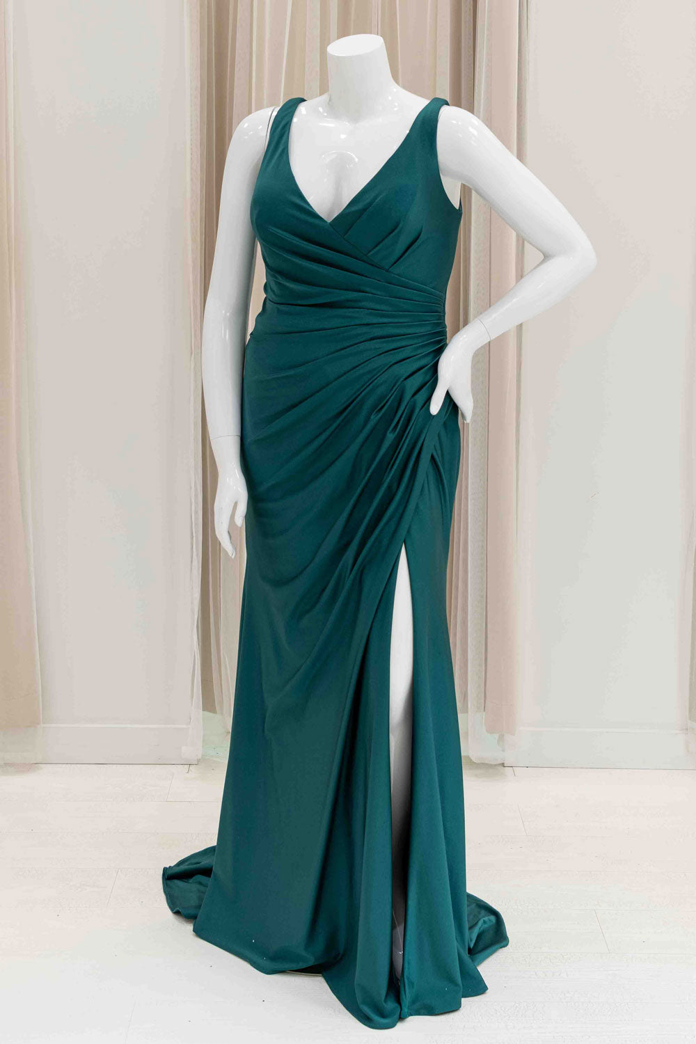 Green Ruched Stretch Satin Evening Gown