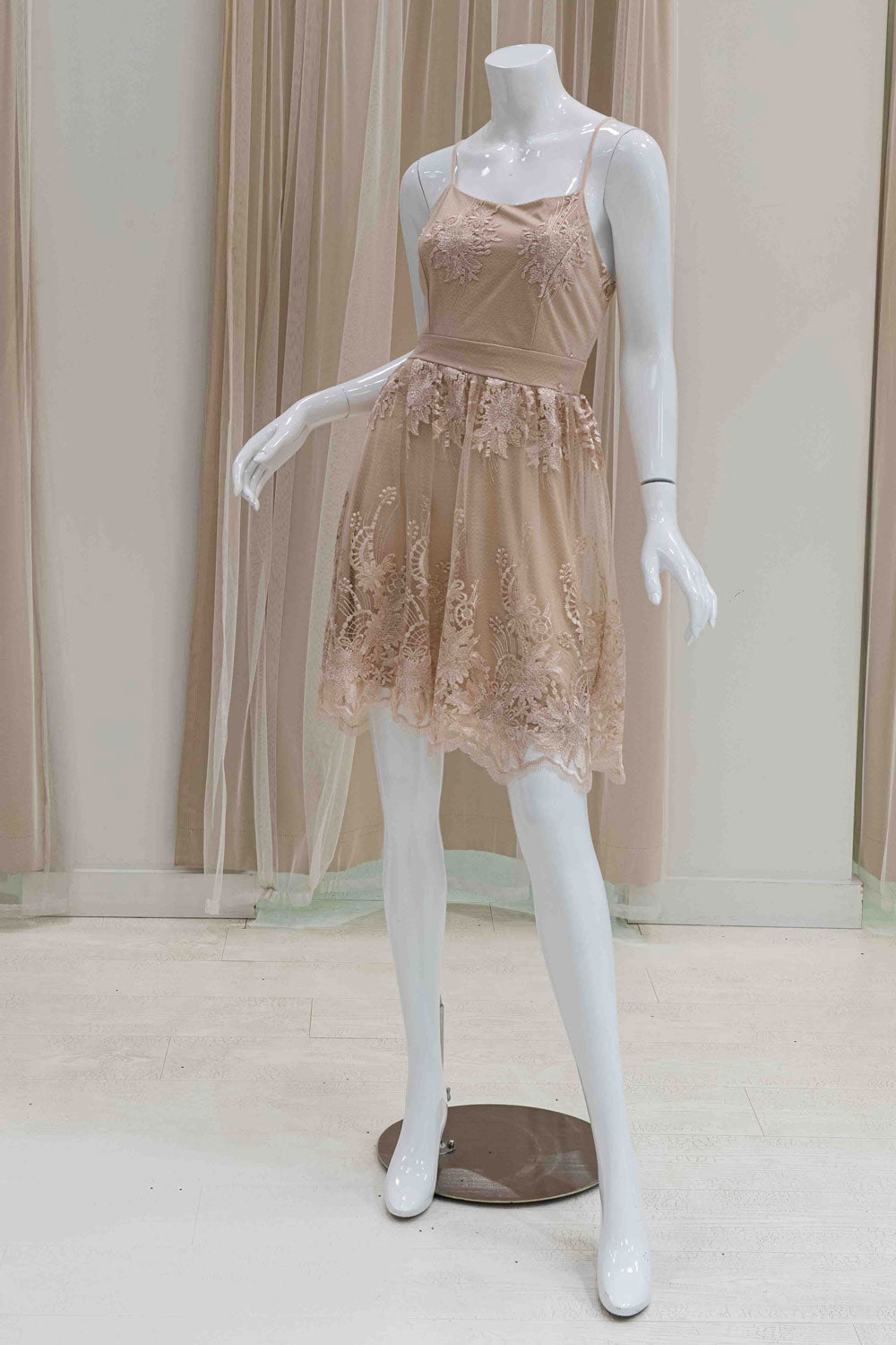 Embroidered Short Wedding Guest Dress in Champagne