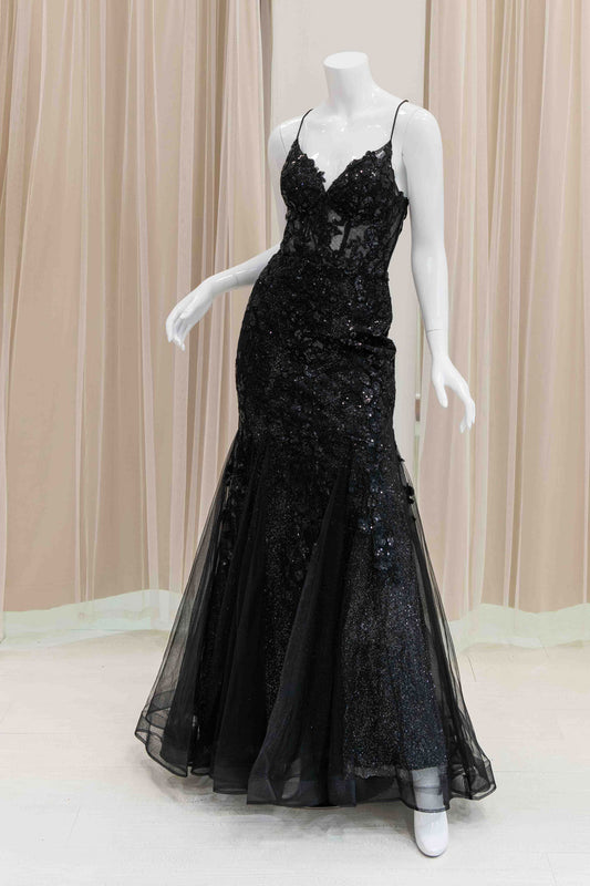 Black Applique Tulle Mermaid Evening Gown for Prom