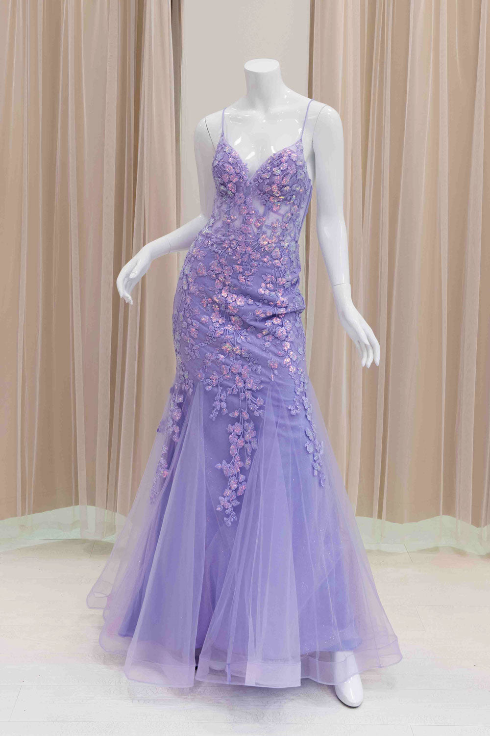 Mermaid Corset Floral Vine Applique Evening Gown in Lavender