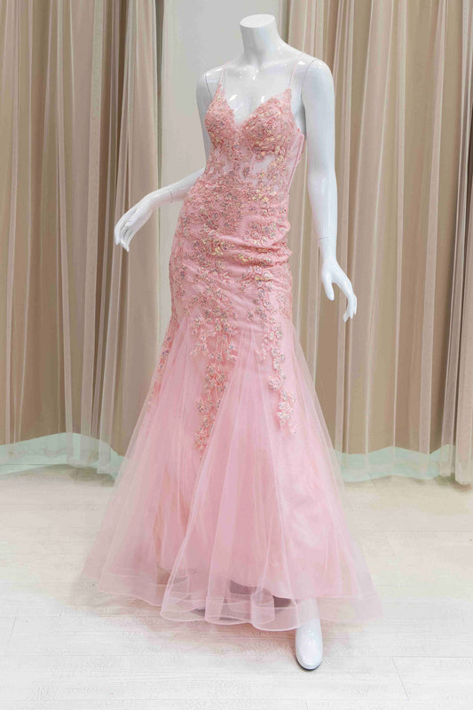 Iridescent Vine Appliques over Mermaid Style Prom Dress in Blush