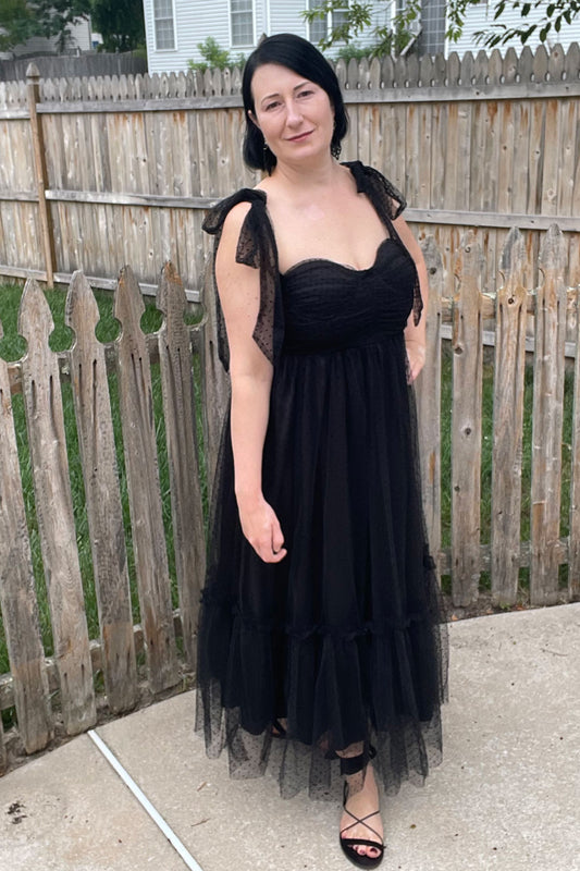 Black Tulle Midi wedding Guest Dress