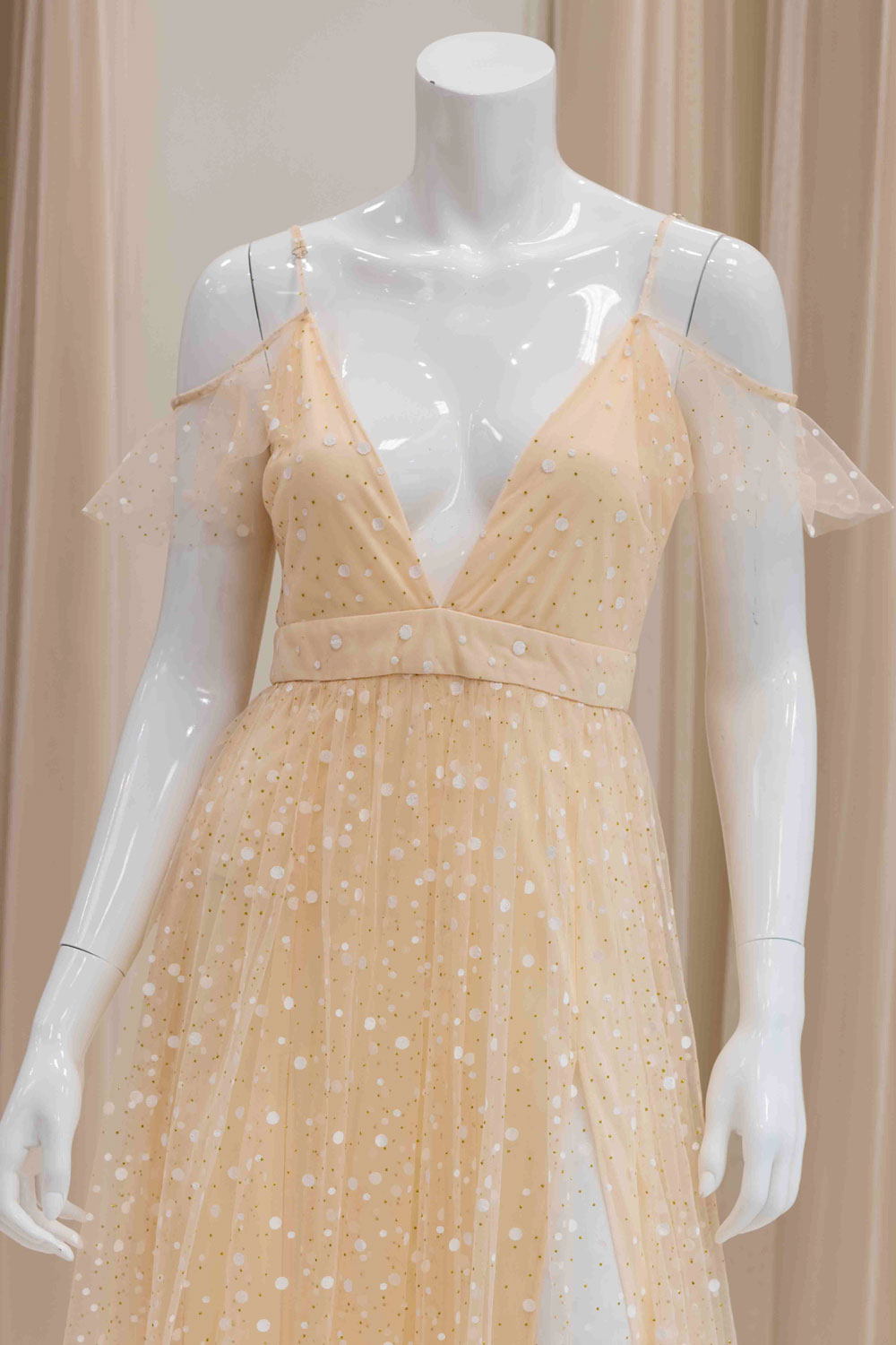 Mesh Off Shoulder Maxi Dress in Cream Color