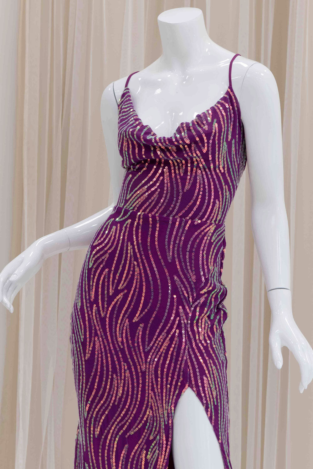Vibrant Sequin Evening Gown with Slit and Tie Back 
