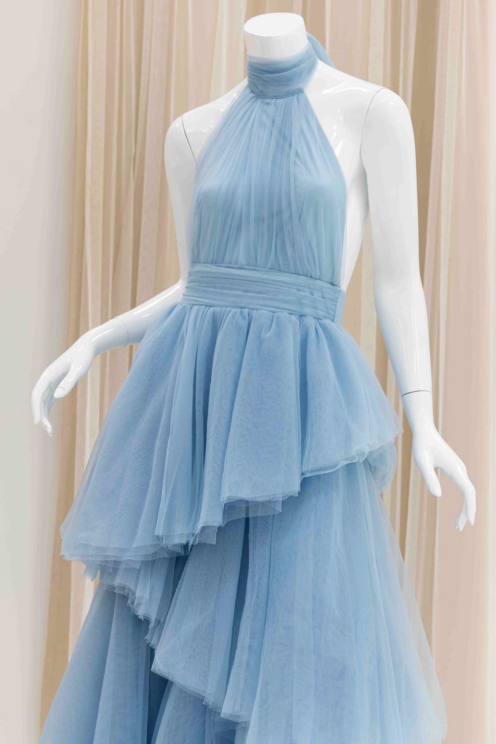 Layered Mesh Skirt Halter Top Open Back Ball Gown in Baby Blue