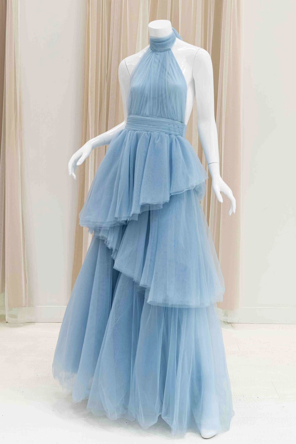 Layered Chiffon Halter Evening Gown in Baby Blue