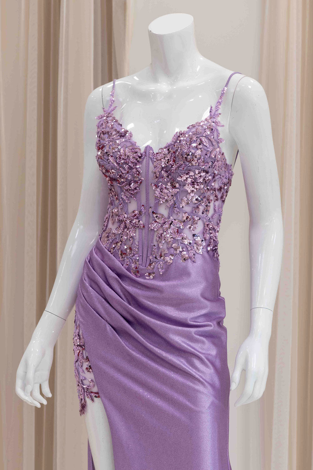 Lavender Sexy Prom Dress with Applique Bodice and High Slit