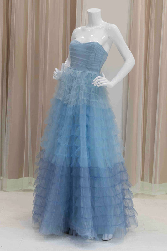 Tiered Tulle Strapless Ball Gown in Blue