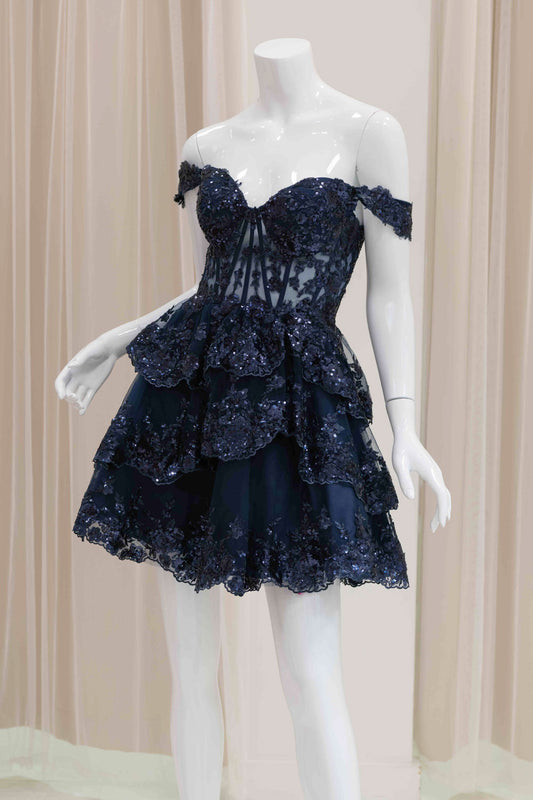 Corset Off-Shoulders Tiered Skirt Fit and Flare Dress in Navy Blue