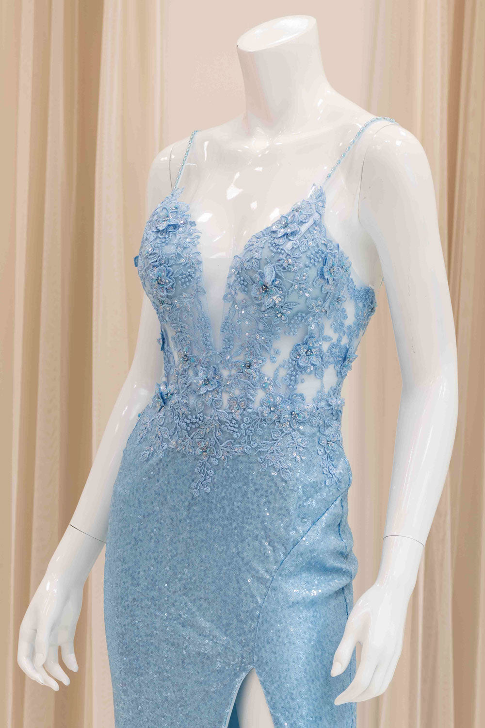 Floral Applique Bodice Sequin Evening Gown in Baby Blue