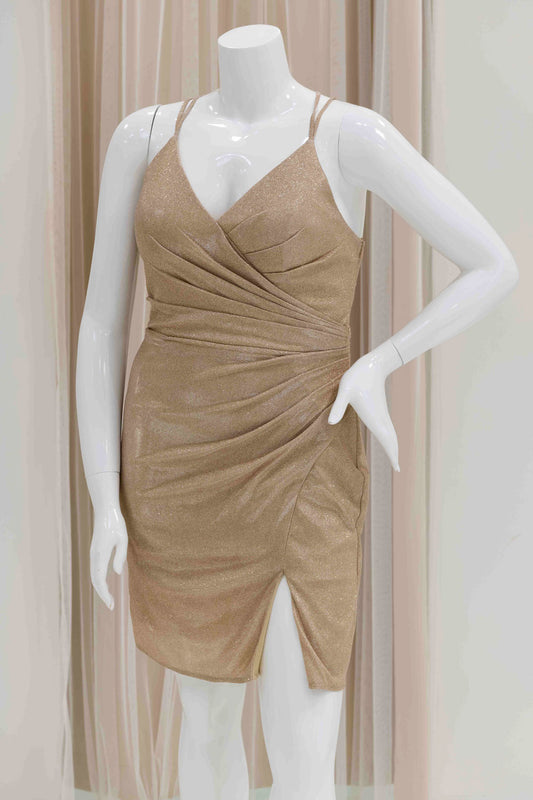 Pleated Cocktail Mini Dress in Champagne