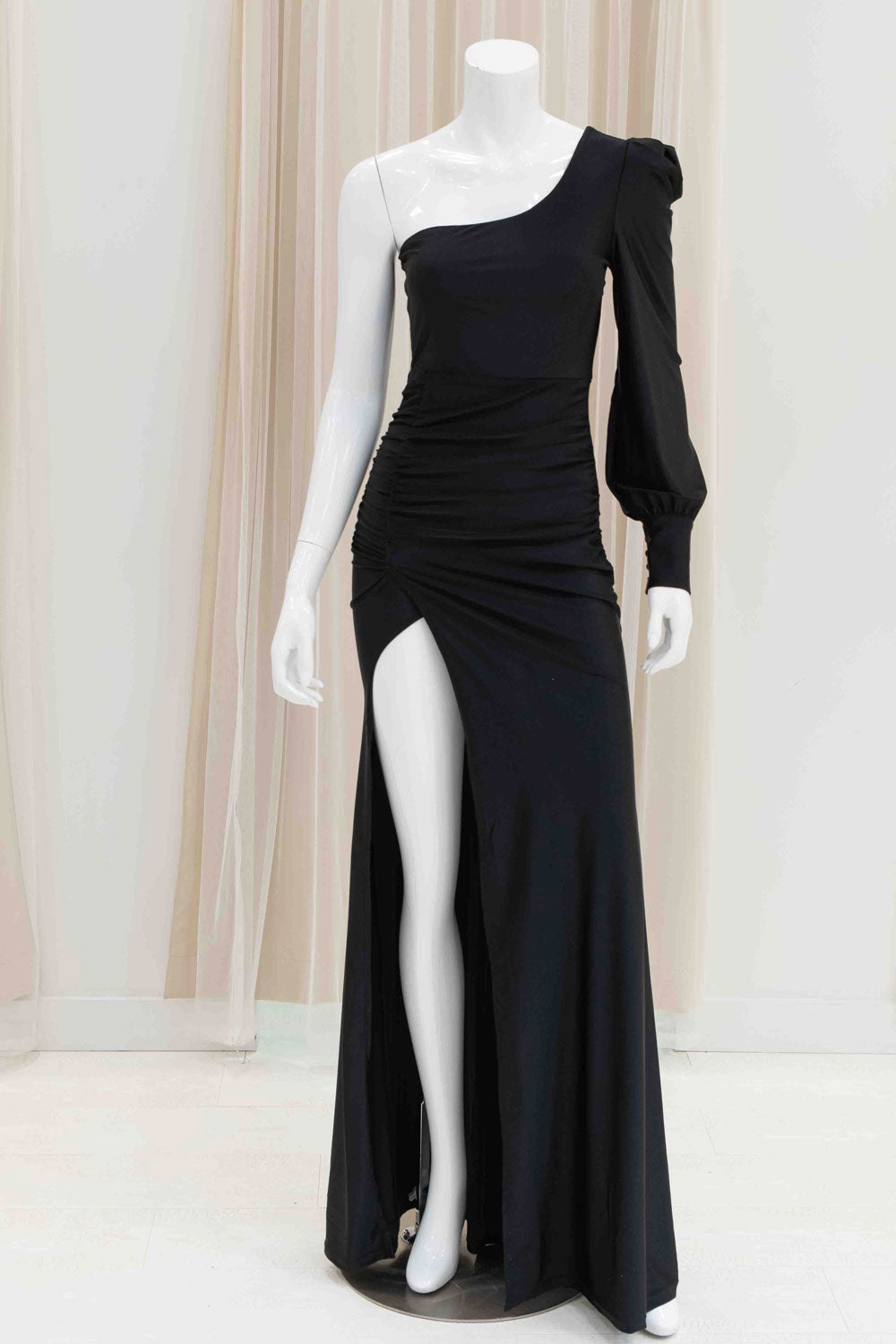 One Sleeve Stretchy Black Evening Gown