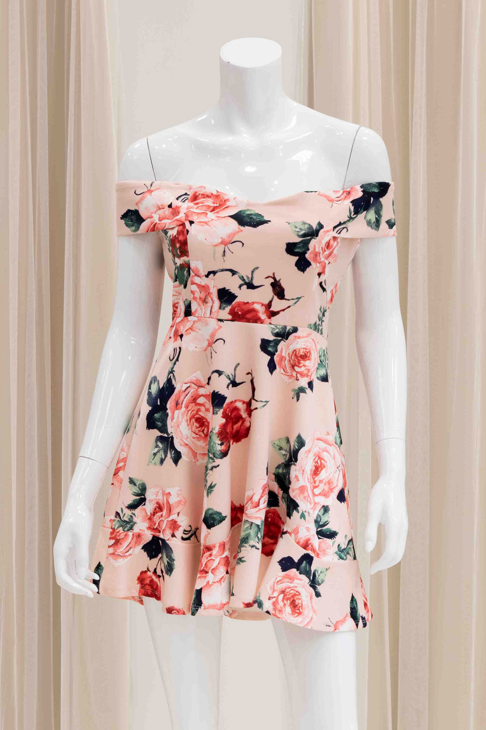 Off Shoulder Floral Fit and Flare Dress in Peach