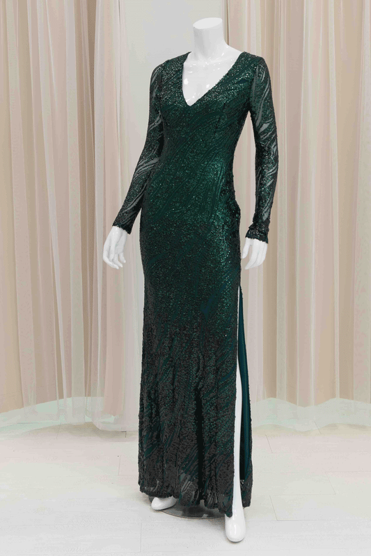 Long Sleeve Sequin Evening Gown in Green