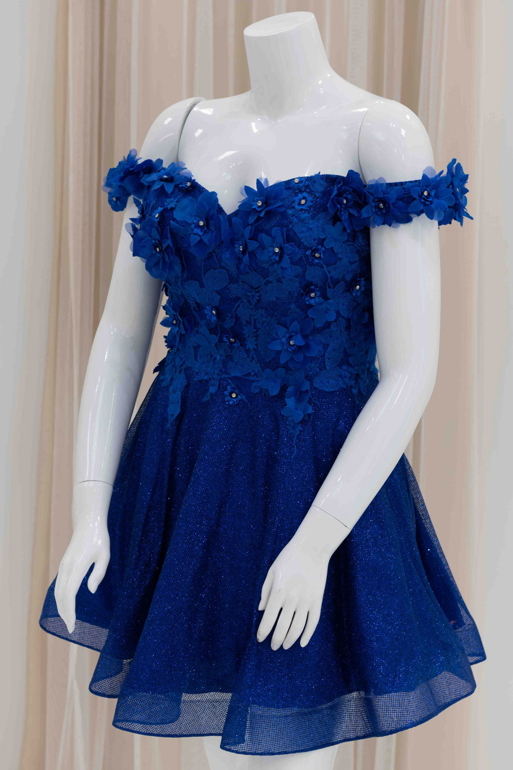 Royal Blue Glitter Off Shoulder 3D Flower Fit and Flare Dress