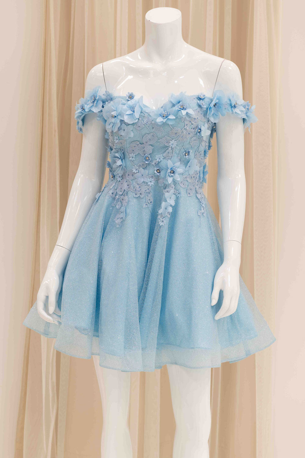 Off Shoulder 3D Flower Light Blue Party Dress