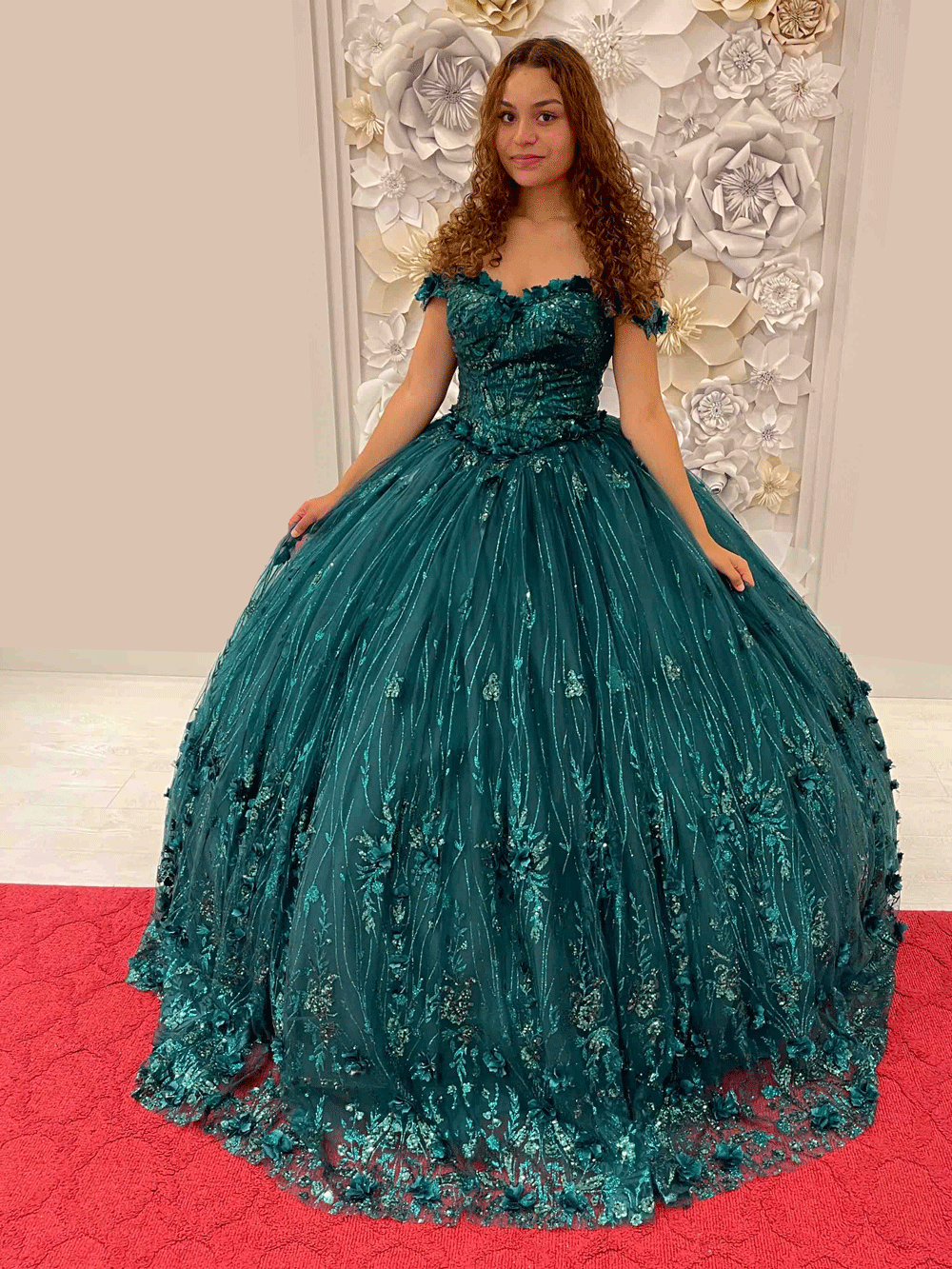 Glitter and 3D Flower Off Shoulder Ball Gown in Green