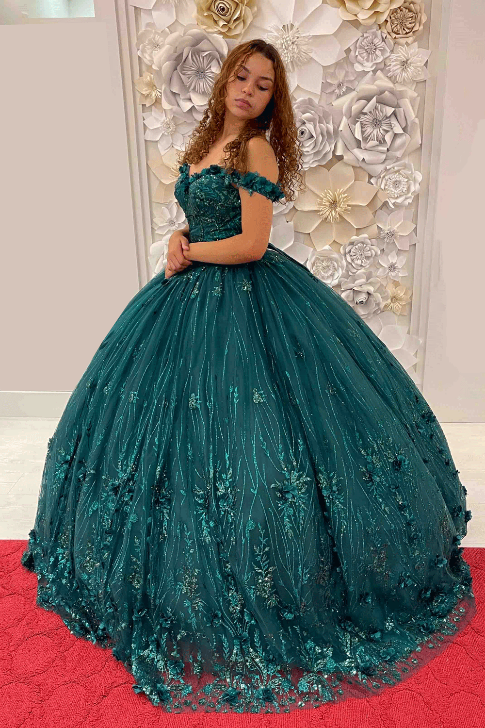 Emeralld Green Glitter and 3D Fowers Off the  Shoulder Ball Gown
