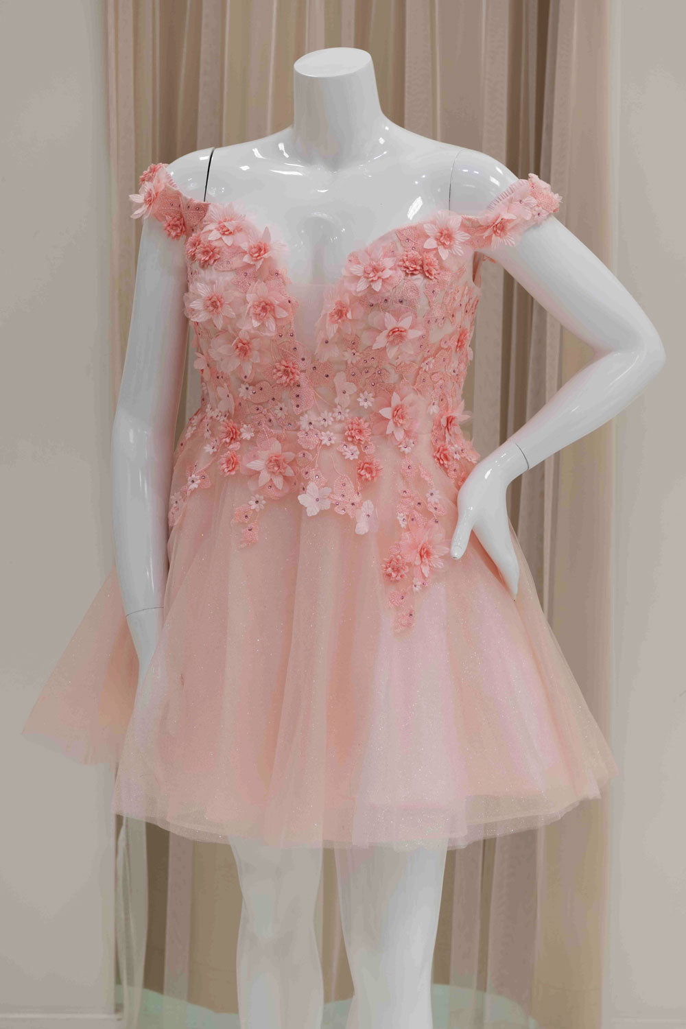 Off Shoulder 3D Flower Short Cocktail Dress in Pink