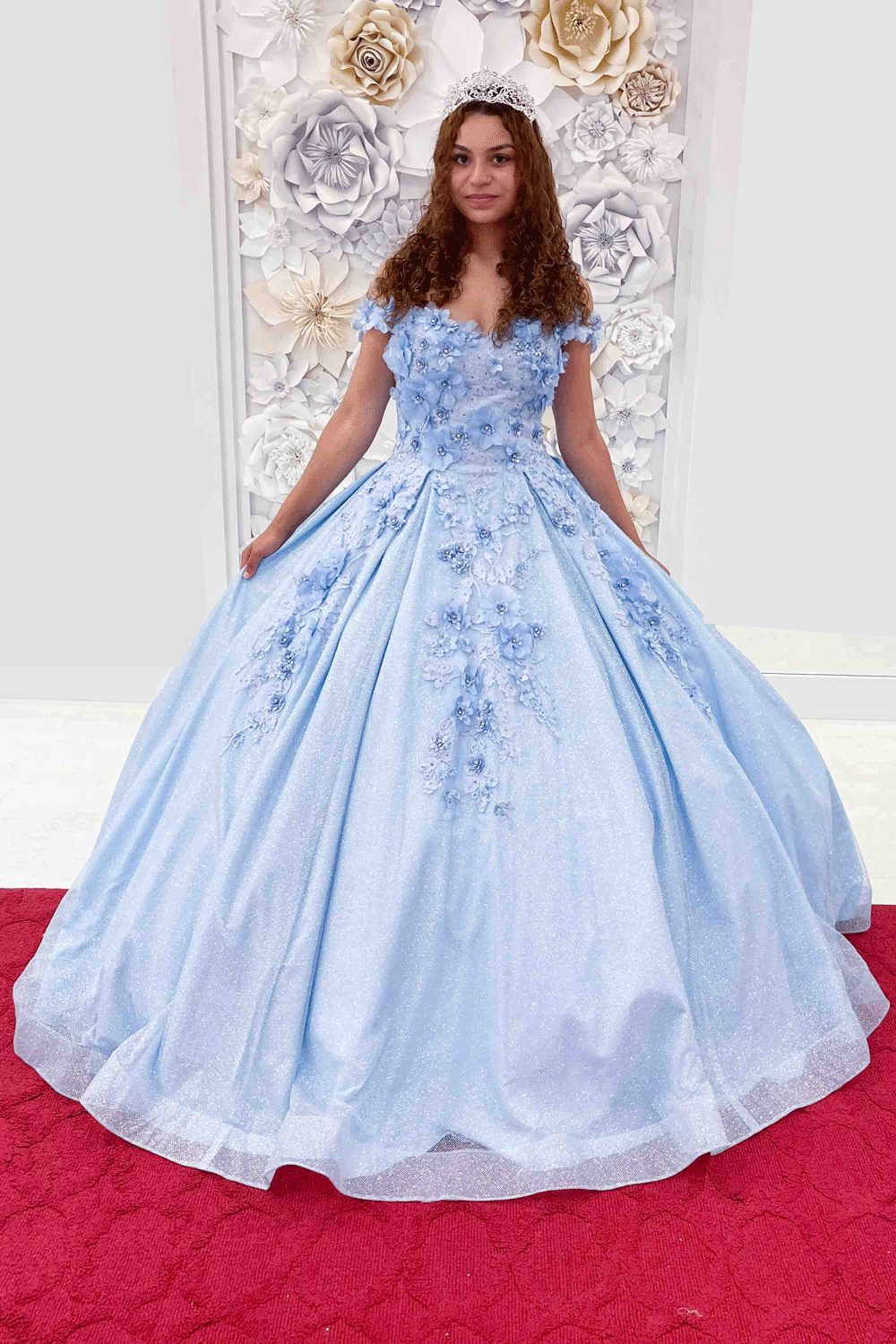 Baby Blue 3D Flower Applique Quinceanera Gown