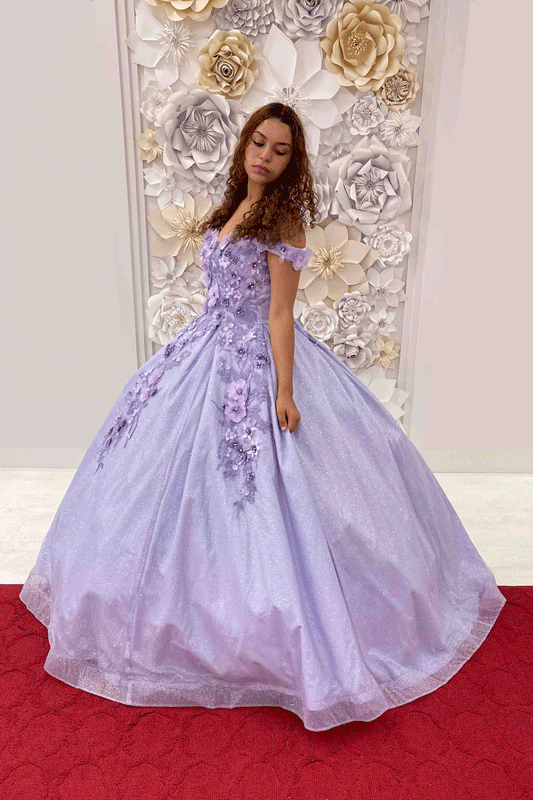Lavender 3D Flower Glitter Quinceanera Gown