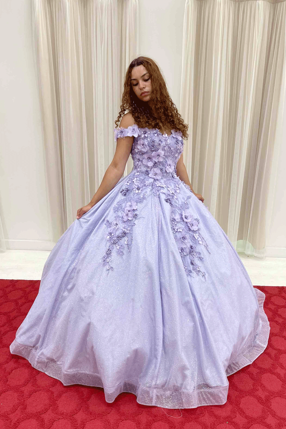 3D Flower Glitter Ball Gown In Lavender