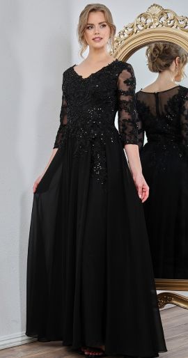 Audra Long Sleeve Chiffon Evening Gown in Balck