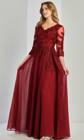 Audra Long Sleeve Chiffon Evening Gown in Burgundy