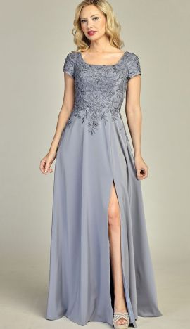 Olga Cap Sleeve A-line Evening Gown in Slate Blue